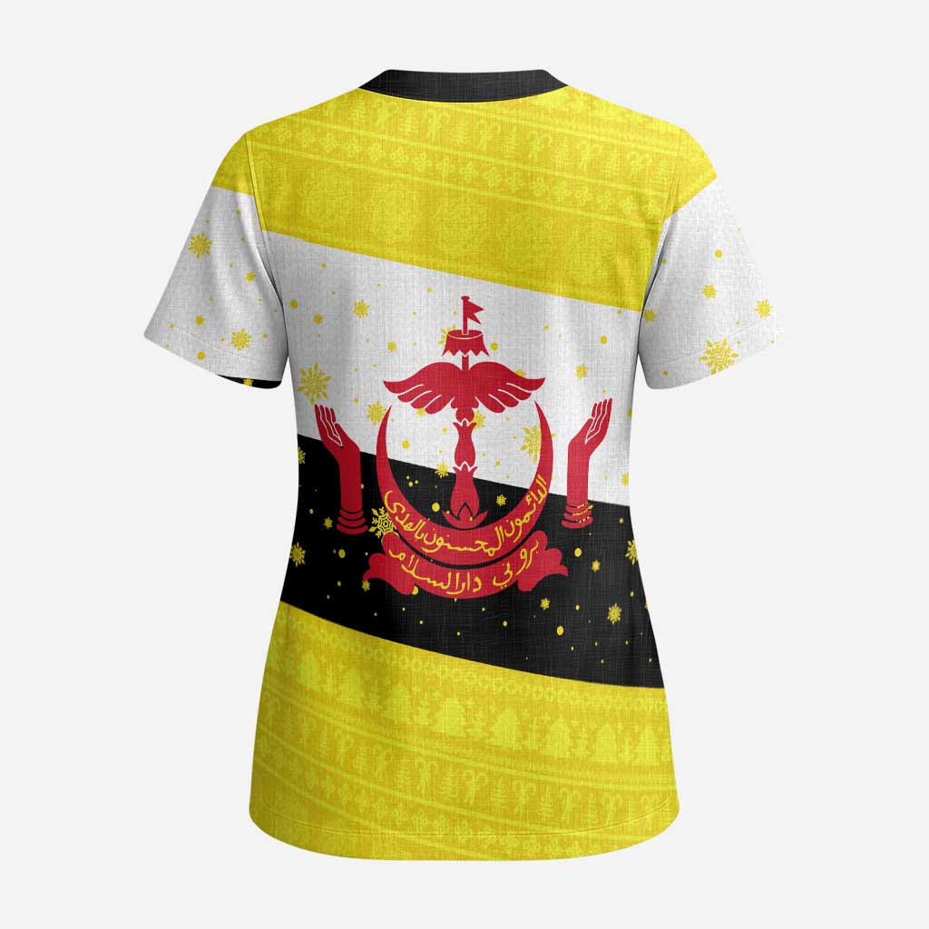 Brunei Christmas Scrub Top with Cartoon Monkey Santa Hat Candy Cane and Yellow Black Flag Pattern - Wonder Print Shop