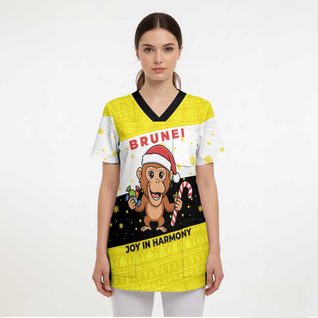 Brunei Christmas Scrub Top with Cartoon Monkey Santa Hat Candy Cane and Yellow Black Flag Pattern - Wonder Print Shop