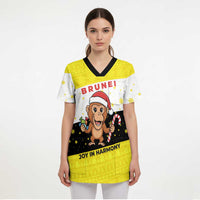 Brunei Christmas Scrub Top with Cartoon Monkey Santa Hat Candy Cane and Yellow Black Flag Pattern - Wonder Print Shop