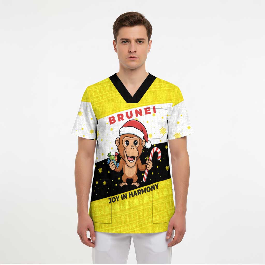 Brunei Christmas Scrub Top with Cartoon Monkey Santa Hat Candy Cane and Yellow Black Flag Pattern - Wonder Print Shop