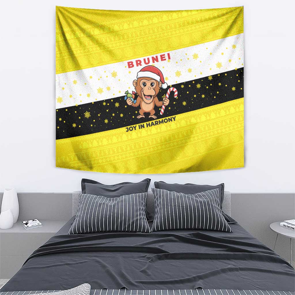Brunei Christmas Tapestry with Cartoon Monkey Santa Hat Candy Cane and Yellow Black Flag Pattern - Wonder Print Shop