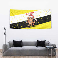Brunei Christmas Tapestry with Cartoon Monkey Santa Hat Candy Cane and Yellow Black Flag Pattern - Wonder Print Shop