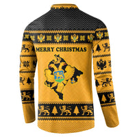 Montenegro Christmas Button Sweatshirt with Gold-Black Theme, Double-Headed Eagle, and Map Motif - Wonder Print Shop