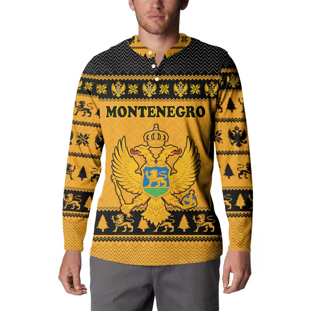 Montenegro Christmas Button Sweatshirt with Gold-Black Theme, Double-Headed Eagle, and Map Motif - Wonder Print Shop