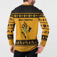 Montenegro Christmas Button Sweatshirt with Gold-Black Theme, Double-Headed Eagle, and Map Motif - Wonder Print Shop