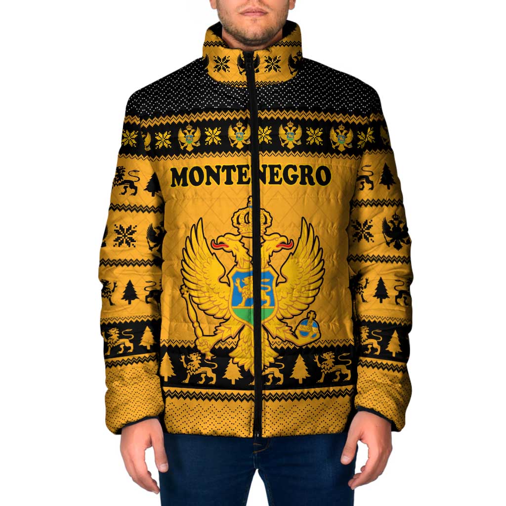 Montenegro Christmas Padded Jacket with Gold-Black Theme, Double-Headed Eagle, and Map Motif - Wonder Print Shop