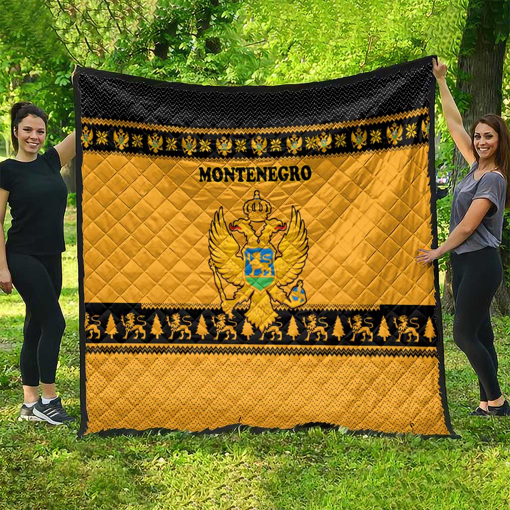 Montenegro Christmas Quilt with Gold-Black Theme, Double-Headed Eagle, and Map Motif - Wonder Print Shop