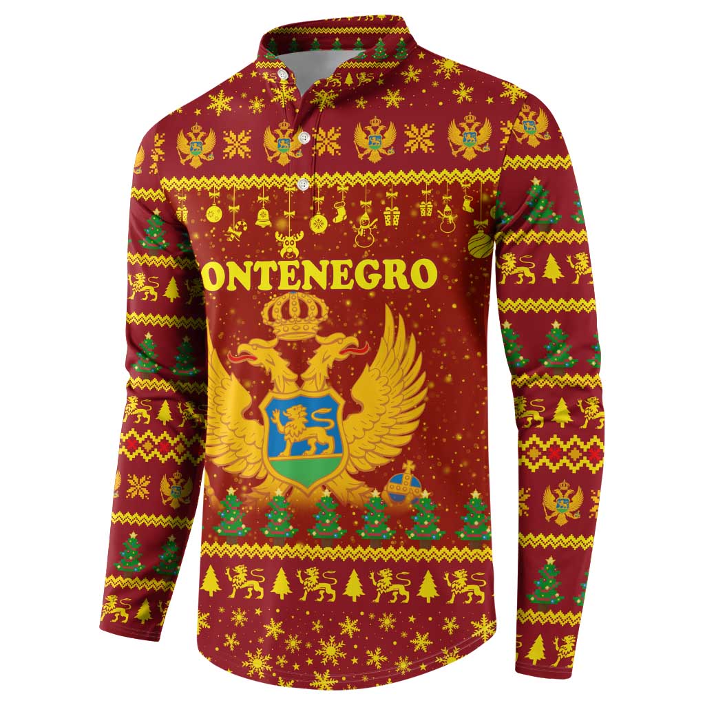 Montenegro Christmas Button Sweatshirt with Red-Gold Theme, Double-Headed Eagle, and Santa Motif - Wonder Print Shop