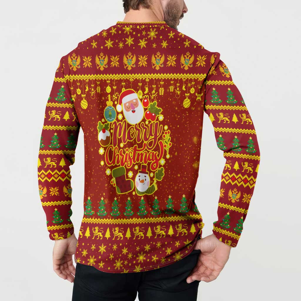 Montenegro Christmas Button Sweatshirt with Red-Gold Theme, Double-Headed Eagle, and Santa Motif - Wonder Print Shop