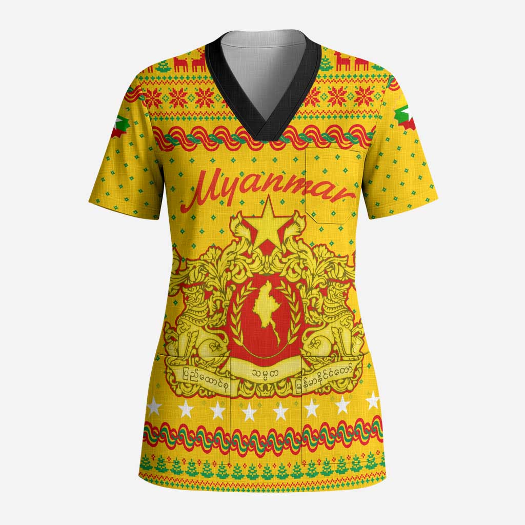 Myanmar Christmas Scrub Top with Yellow-Red-Green Theme, National Emblem, and Star Motif - Wonder Print Shop