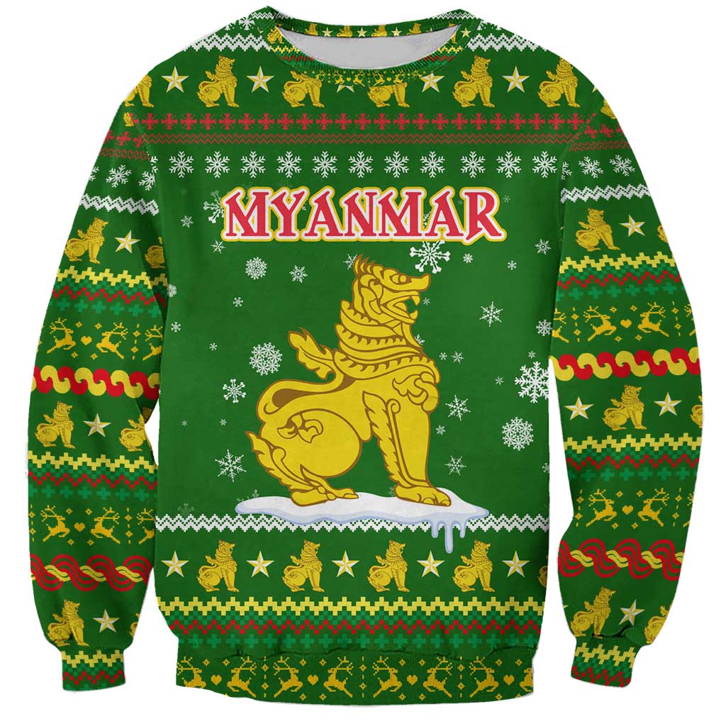 Myanmar Christmas Sweatshirt with Green-Gold Theme, Chinthe Lion, and Santa Motif - Wonder Print Shop
