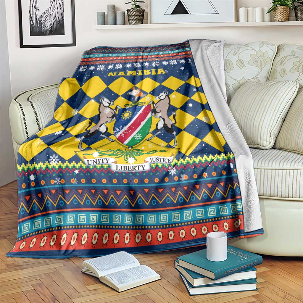 Namibia Christmas Blanket with Blue-Yellow Diamond Pattern, Coat of Arms, and Flag Map Motif - Wonder Print Shop