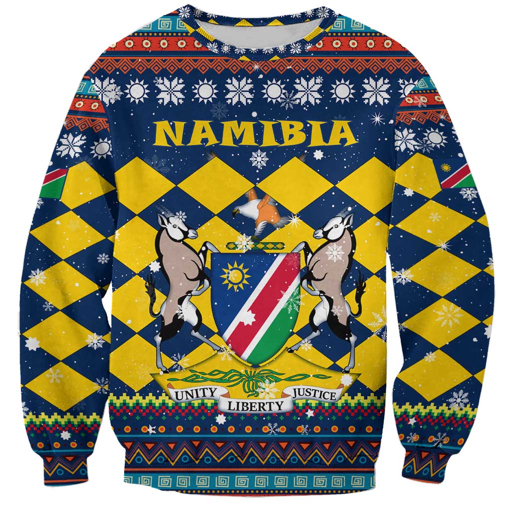 Namibia Christmas Sweatshirt with Blue-Yellow Diamond Pattern, Coat of Arms, and Flag Map Motif - Wonder Print Shop