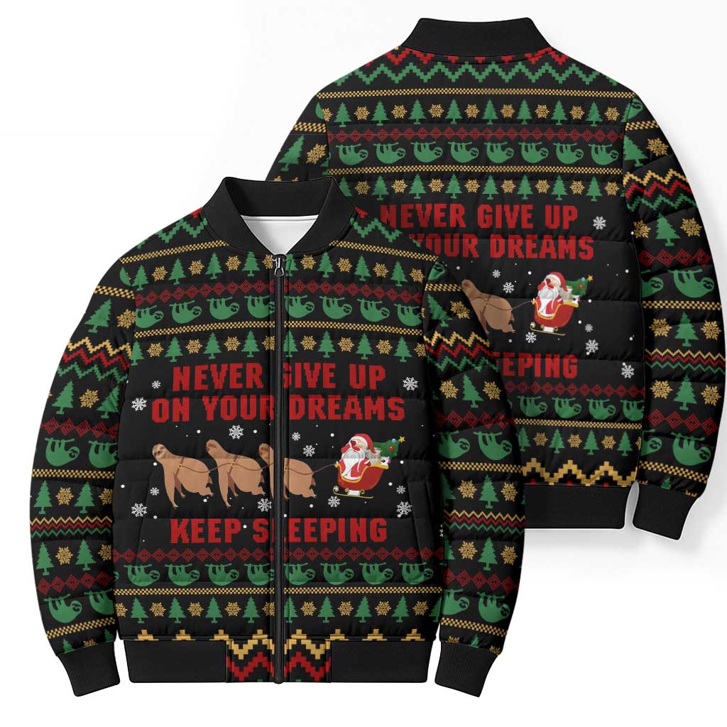 Sloth Keep Sleeping Christmas Bomber Puffer Jacket Xmas Holiday Patterns - Wonder Print Shop