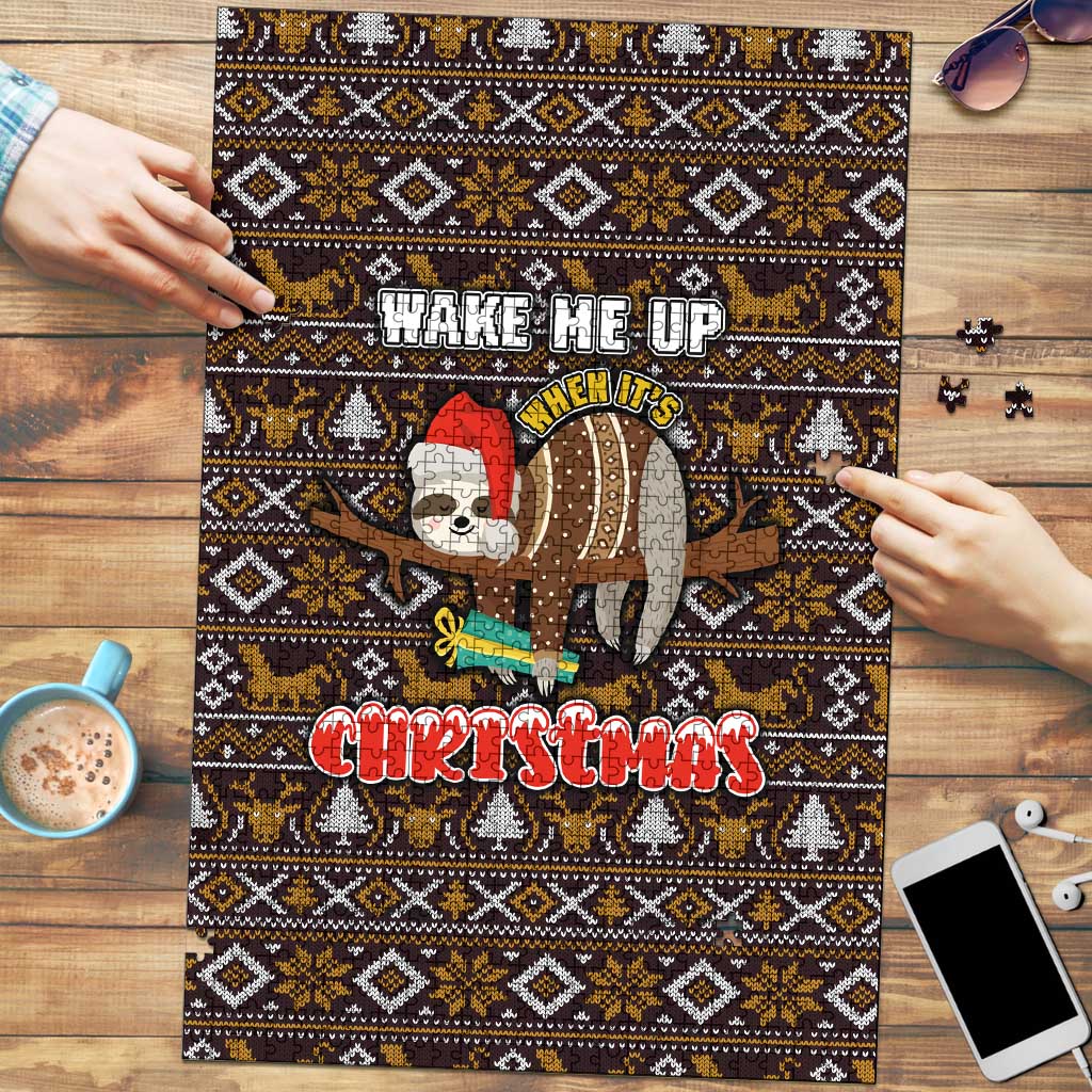 Sloth Wake Me Up Christmas Puzzle Xmas Holiday Patterns - Wonder Print Shop