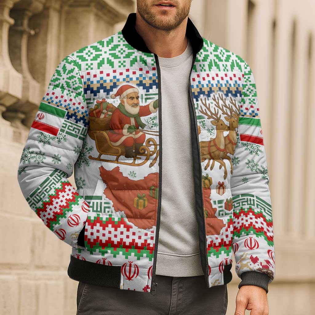 Iran Christmas Bomber Puffer Jacket with Santa Sleigh Reindeer Map and Green Red Snowflake Pattern - Wonder Print Shop