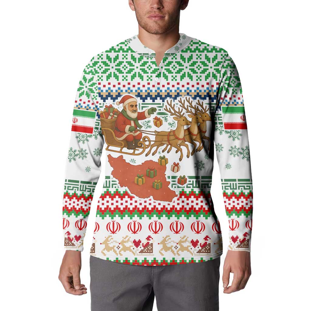 Iran Christmas Button Sweatshirt with Santa Sleigh Reindeer Map and Green Red Snowflake Pattern - Wonder Print Shop