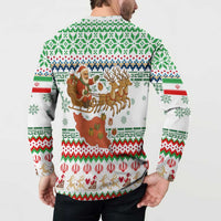 Iran Christmas Button Sweatshirt with Santa Sleigh Reindeer Map and Green Red Snowflake Pattern - Wonder Print Shop