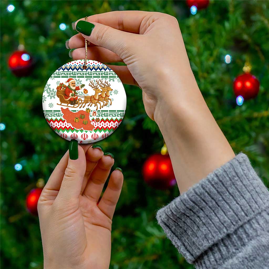 Iran Christmas Ceramic Ornament with Santa Sleigh Reindeer Map and Green Red Snowflake Pattern - Wonder Print Shop