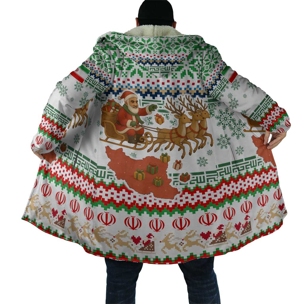Iran Christmas Cloak with Santa Sleigh Reindeer Map and Green Red Snowflake Pattern - Wonder Print Shop