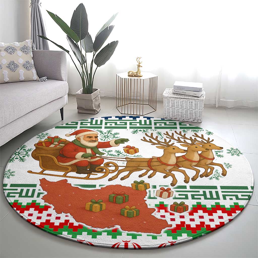 Iran Christmas Round Carpet with Santa Sleigh Reindeer Map and Green Red Snowflake Pattern - Wonder Print Shop