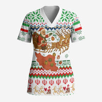 Iran Christmas Scrub Top with Santa Sleigh Reindeer Map and Green Red Snowflake Pattern - Wonder Print Shop