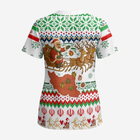 Iran Christmas Scrub Top with Santa Sleigh Reindeer Map and Green Red Snowflake Pattern - Wonder Print Shop