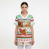 Iran Christmas Scrub Top with Santa Sleigh Reindeer Map and Green Red Snowflake Pattern - Wonder Print Shop