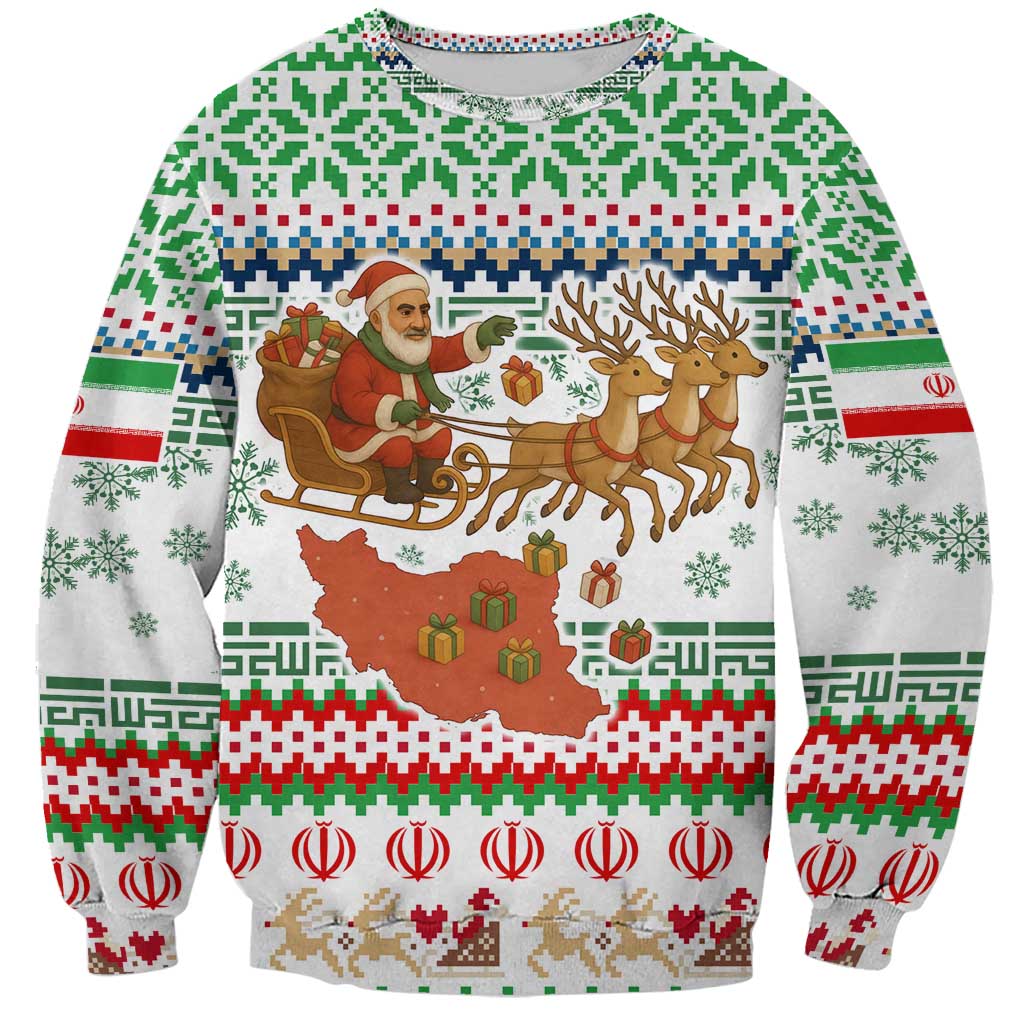 Iran Christmas Sweatshirt with Santa Sleigh Reindeer Map and Green Red Snowflake Pattern - Wonder Print Shop
