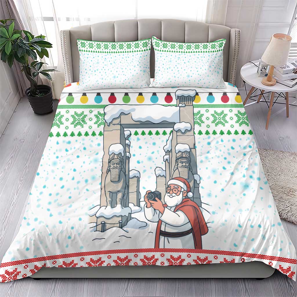 Iran Christmas Bedding Set with Santa Taking Photos Ancient Columns and Snowflake Gift Pattern - Wonder Print Shop
