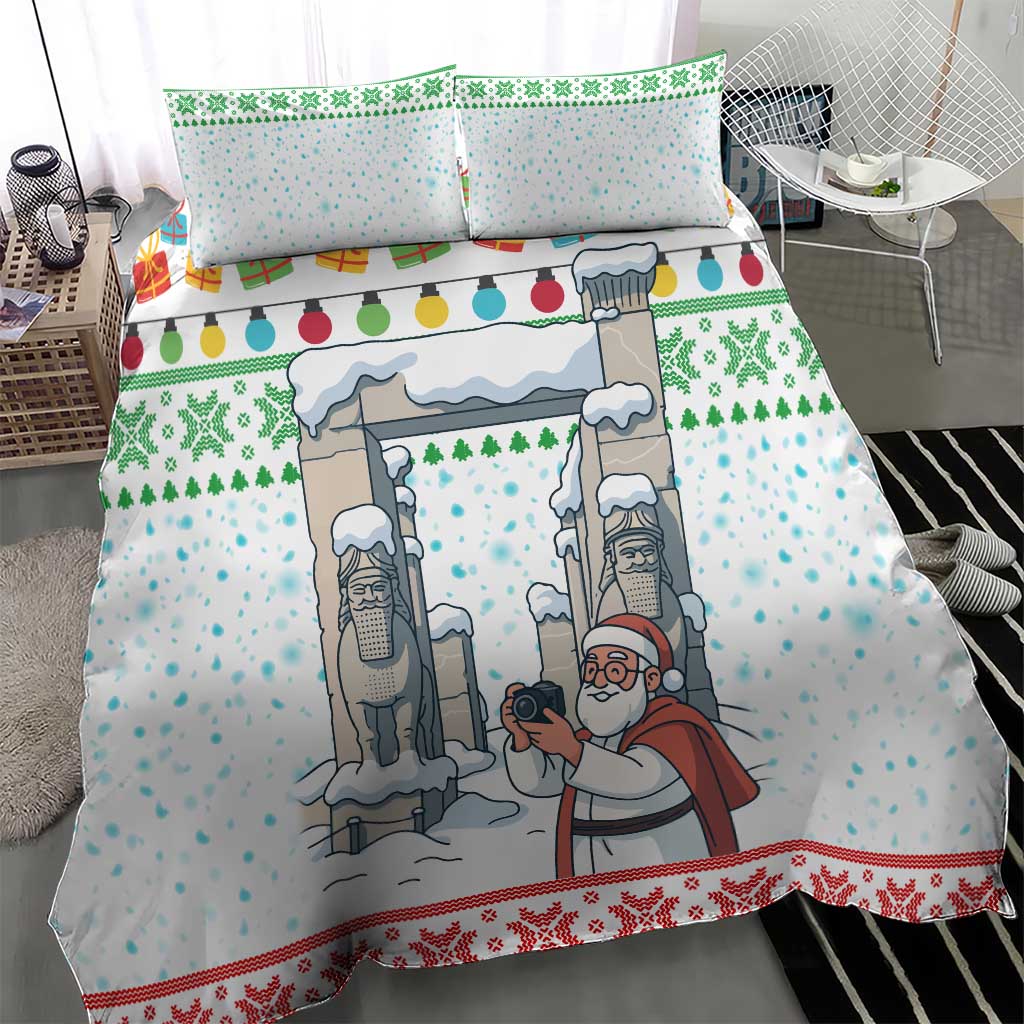 Iran Christmas Bedding Set with Santa Taking Photos Ancient Columns and Snowflake Gift Pattern - Wonder Print Shop