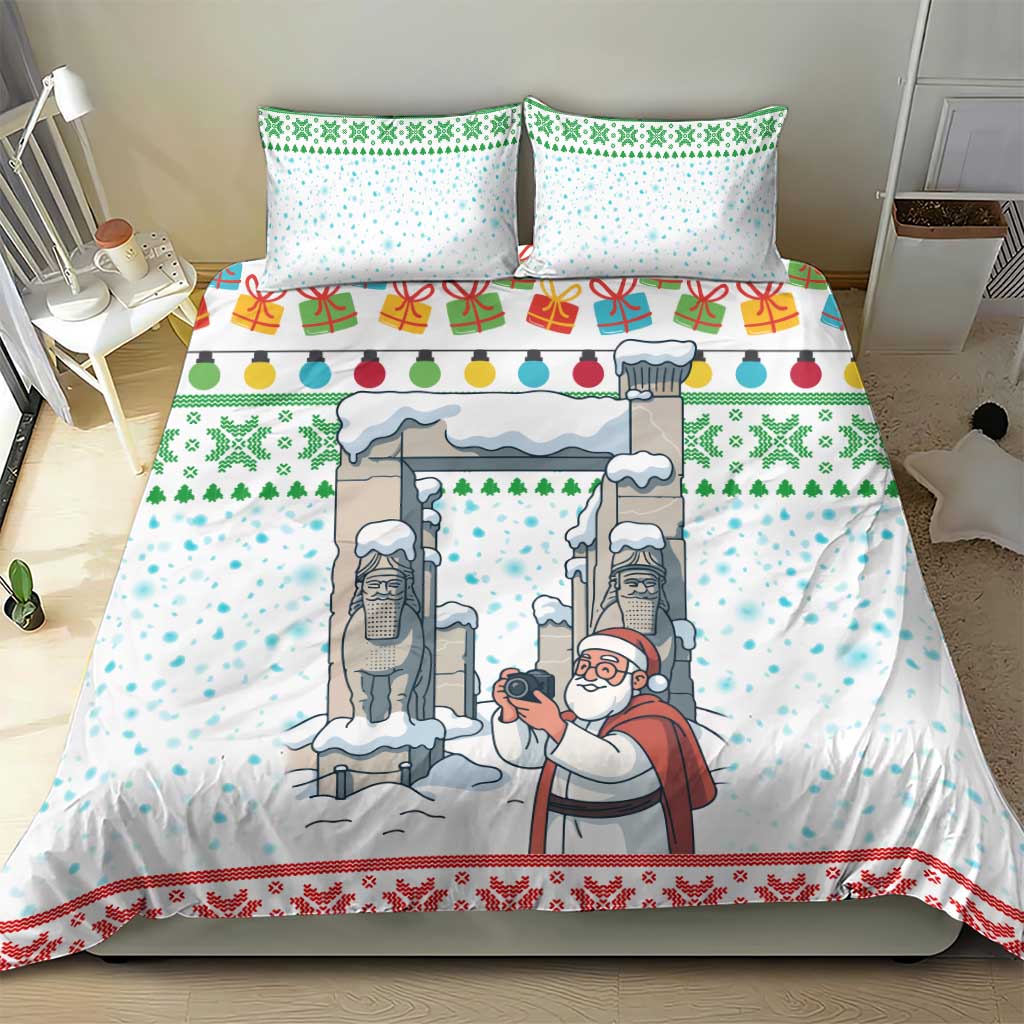 Iran Christmas Bedding Set with Santa Taking Photos Ancient Columns and Snowflake Gift Pattern - Wonder Print Shop