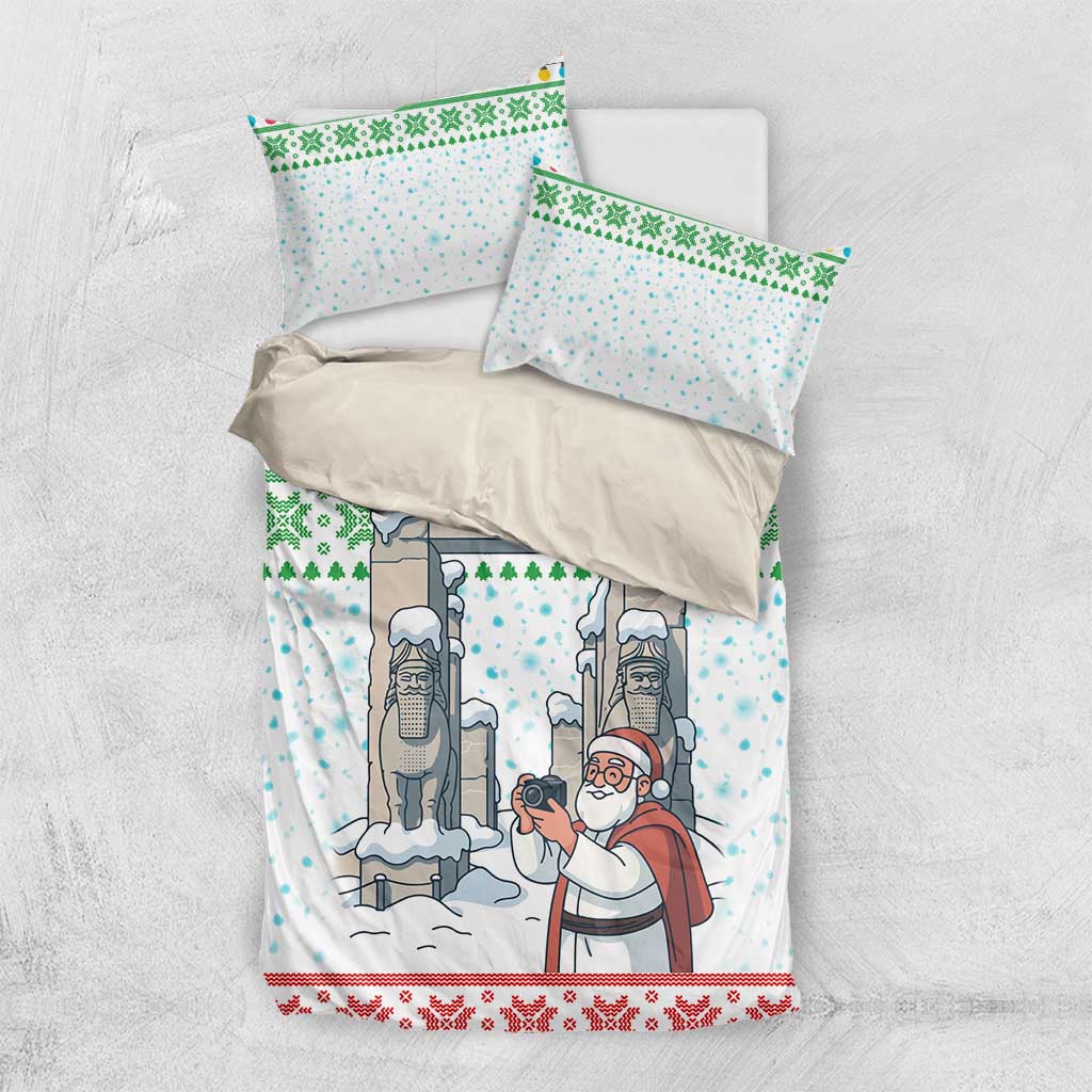 Iran Christmas Bedding Set with Santa Taking Photos Ancient Columns and Snowflake Gift Pattern - Wonder Print Shop