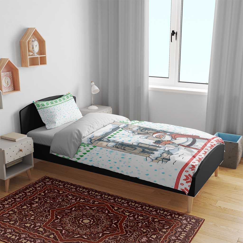 Iran Christmas Bedding Set with Santa Taking Photos Ancient Columns and Snowflake Gift Pattern - Wonder Print Shop