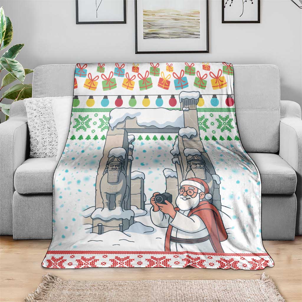 Iran Christmas Blanket with Santa Taking Photos Ancient Columns and Snowflake Gift Pattern - Wonder Print Shop