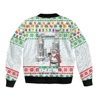 Iran Christmas Bomber Jacket with Santa Taking Photos Ancient Columns and Snowflake Gift Pattern - Wonder Print Shop