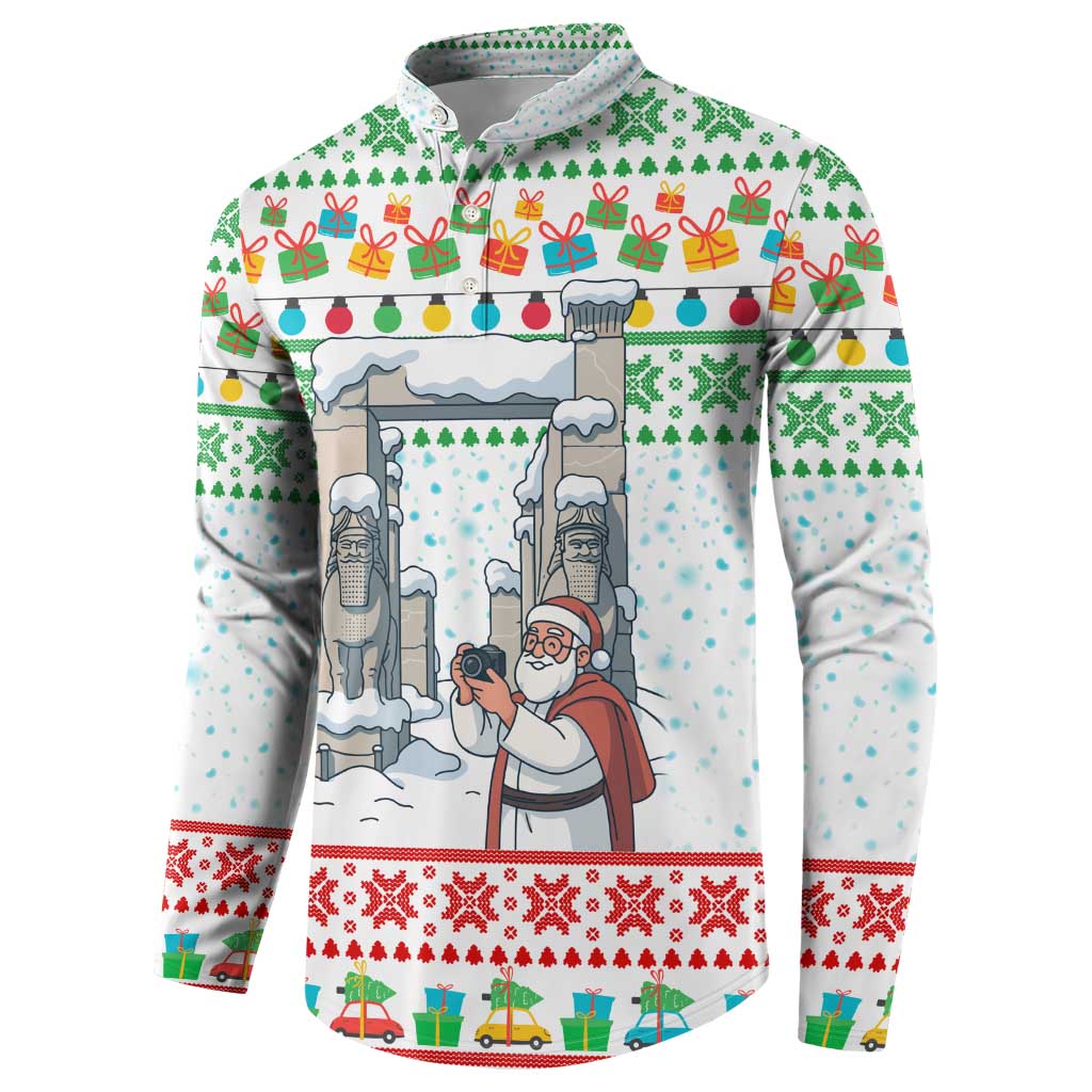 Iran Christmas Button Sweatshirt with Santa Taking Photos Ancient Columns and Snowflake Gift Pattern - Wonder Print Shop
