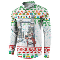 Iran Christmas Button Sweatshirt with Santa Taking Photos Ancient Columns and Snowflake Gift Pattern - Wonder Print Shop