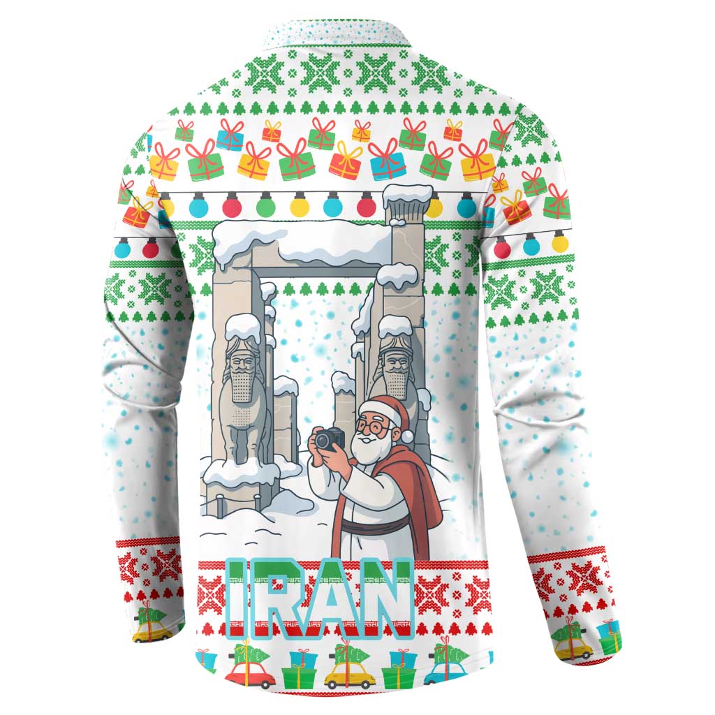Iran Christmas Button Sweatshirt with Santa Taking Photos Ancient Columns and Snowflake Gift Pattern - Wonder Print Shop