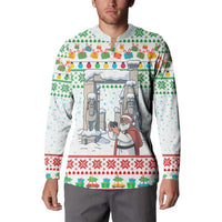 Iran Christmas Button Sweatshirt with Santa Taking Photos Ancient Columns and Snowflake Gift Pattern - Wonder Print Shop