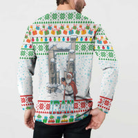 Iran Christmas Button Sweatshirt with Santa Taking Photos Ancient Columns and Snowflake Gift Pattern - Wonder Print Shop