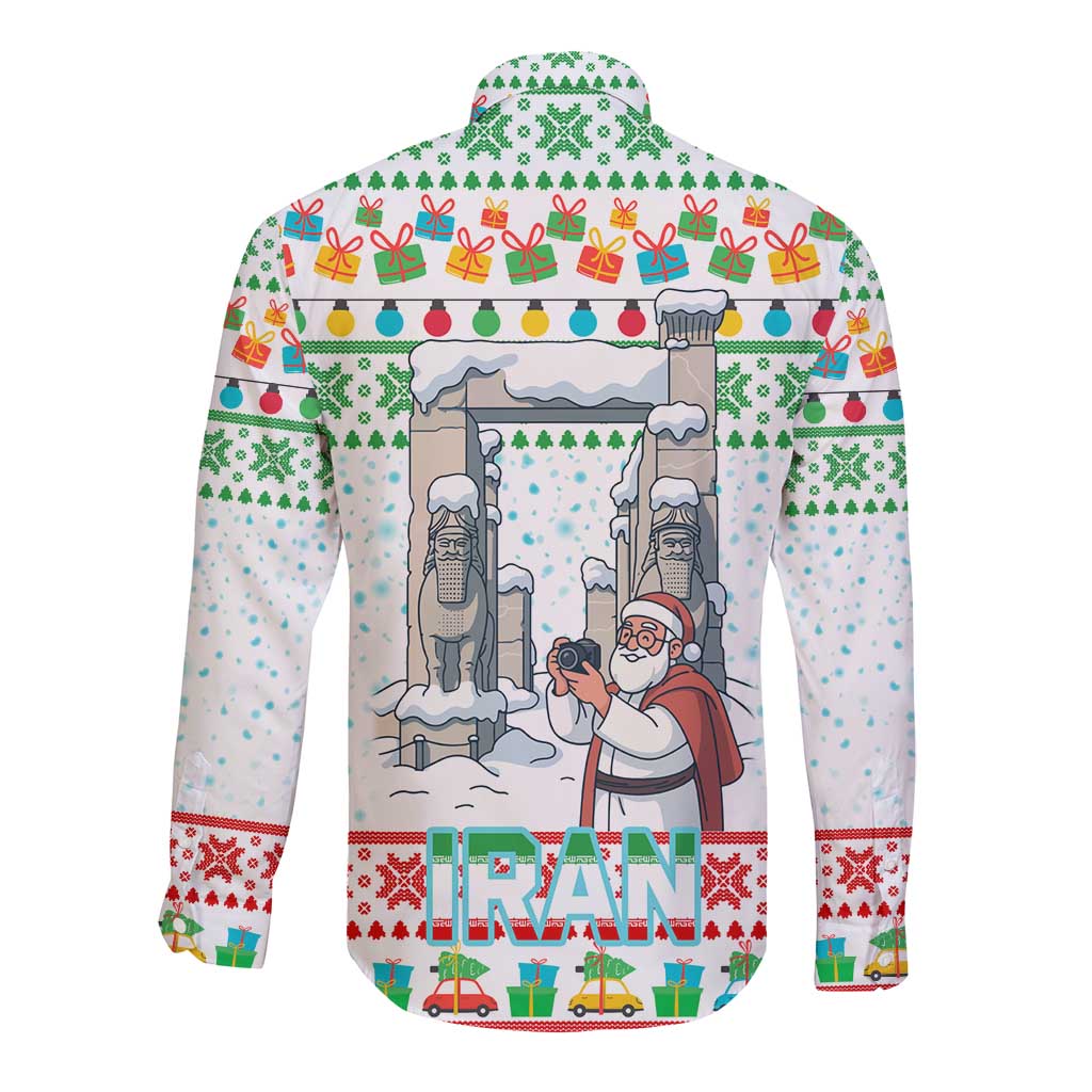 Iran Christmas Long Sleeve Button Shirt with Santa Taking Photos Ancient Columns and Snowflake Gift Pattern - Wonder Print Shop