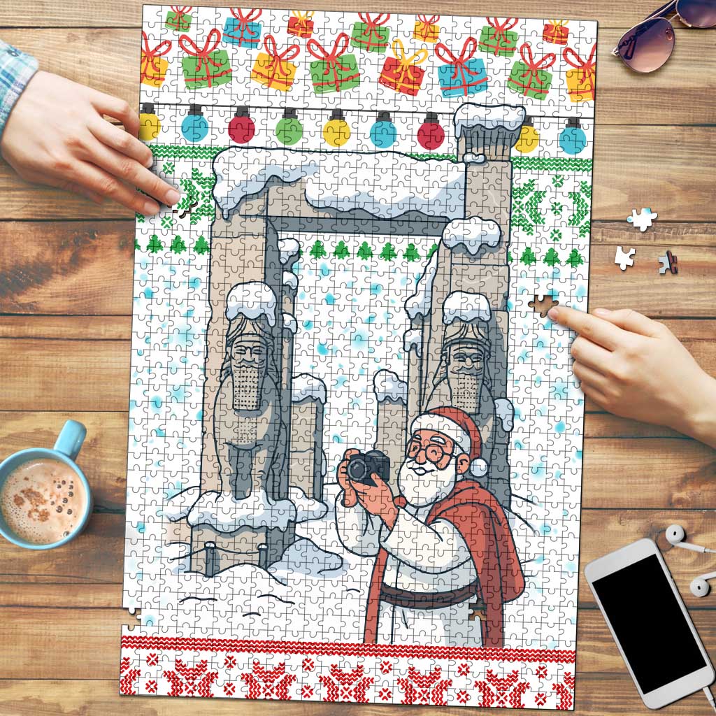 Iran Christmas Puzzle with Santa Taking Photos Ancient Columns and Snowflake Gift Pattern - Wonder Print Shop