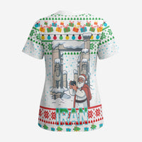 Iran Christmas Scrub Top with Santa Taking Photos Ancient Columns and Snowflake Gift Pattern - Wonder Print Shop