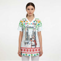 Iran Christmas Scrub Top with Santa Taking Photos Ancient Columns and Snowflake Gift Pattern - Wonder Print Shop