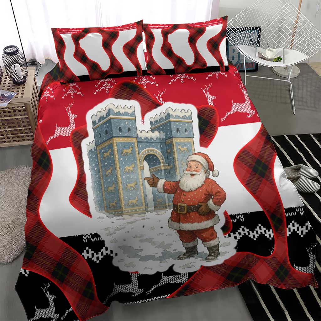Iraq Christmas Bedding Set with Santa Ishtar Gate Red Plaid and Snowflake Reindeer Pattern - Wonder Print Shop