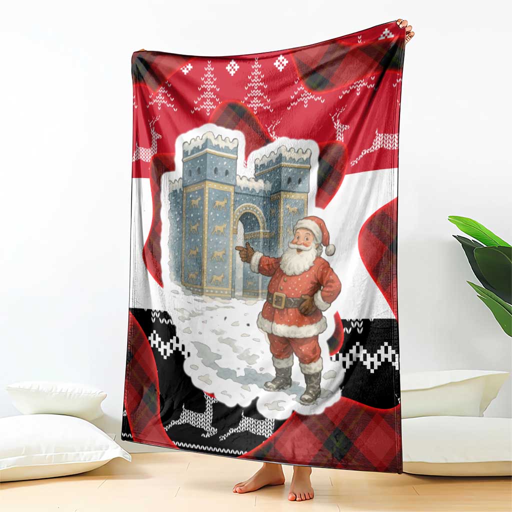 Iraq Christmas Blanket with Santa Ishtar Gate Red Plaid and Snowflake Reindeer Pattern - Wonder Print Shop