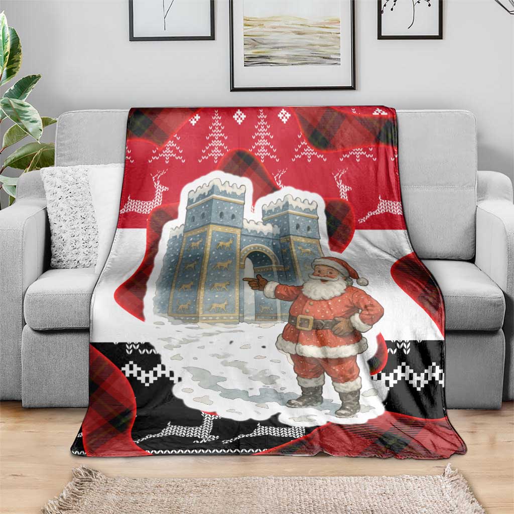 Iraq Christmas Blanket with Santa Ishtar Gate Red Plaid and Snowflake Reindeer Pattern - Wonder Print Shop