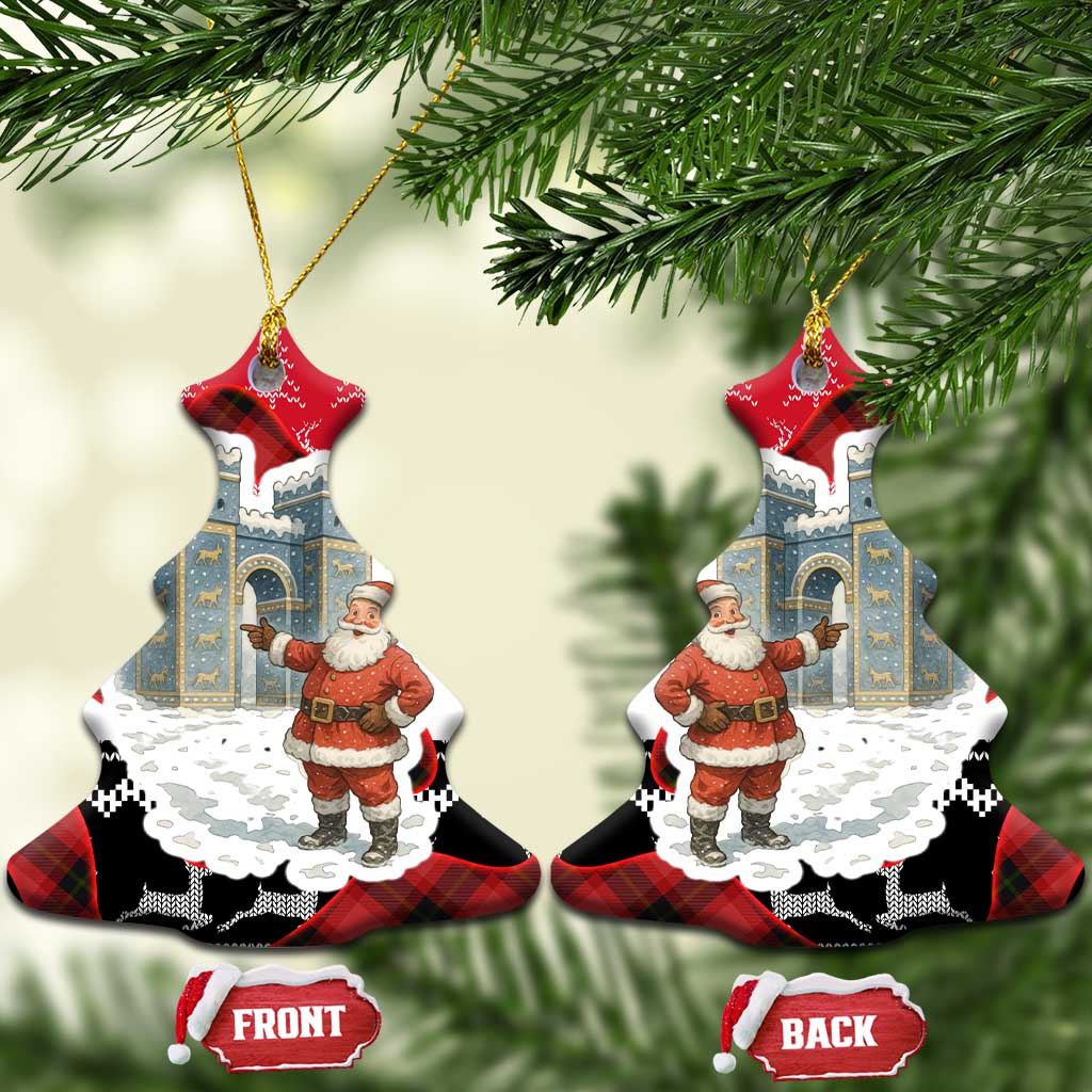Iraq Christmas Ceramic Ornament with Santa Ishtar Gate Red Plaid and Snowflake Reindeer Pattern - Wonder Print Shop