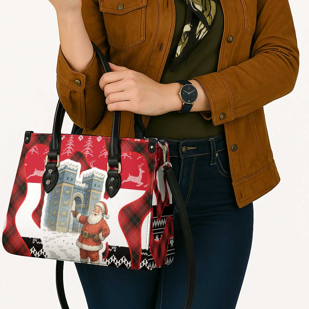 Iraq Christmas Leather Bag with Santa Ishtar Gate Red Plaid and Snowflake Reindeer Pattern - Wonder Print Shop